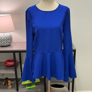 ✨ TCEC Cobalt Blue Bell Sleeve Peplum Top – Women’s L ✨